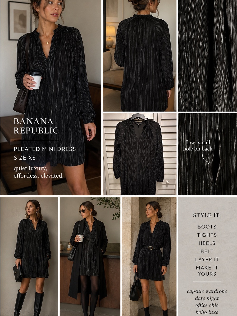 Banana Republic Pleated Mini Dress Women XS Black Satin Split Neck Quiet Luxury